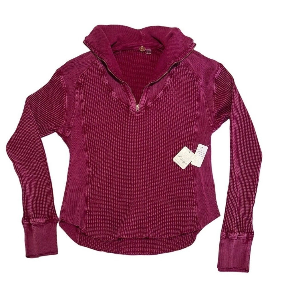 Free People FP One Ashton Zip Thermal XS Mulberry Waffle Knit Quarter Zip NWT